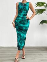 Vestido Slimming Sin Mangas Estampado De Moda Para Mujer Primavera Verano 2024 Cuello Redondo Con Rotura A-Line De Pierna Larga Estilo Playa - details 18