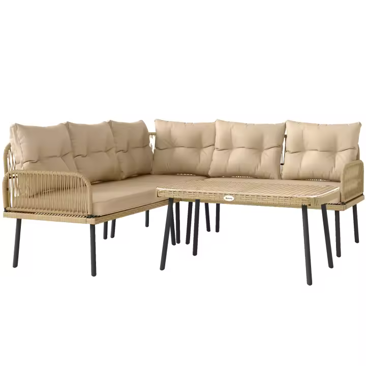 Outsunny Conjunto de Jardín Exterior de Ratán Sintético de 4 Piezas Muebles de Jardín Exterior en Forma de L Incluye 2 Sofás de 2 Plazas 1 Sillón Esquinero 1 Mesa de Centro con Cojines Natural - 1