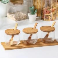 X-Set de 3 Tarros de Cristal para Especias con Cucharas y Base de Bambú,Frascos de Vidrio para Condimentos con Tapas,Frascos de Almacenamiento de Vidrio,Recipientes Organizadores de Cocina Elegantes y Prácticos - details 5
