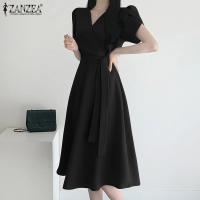 Vestido De Verano Elegante ZANZEA Para Mujer Moda OL Trabajo Corto Manga Vestido Casual Sólido A-Line Kaftan Sarafans Robe Femme - details 12