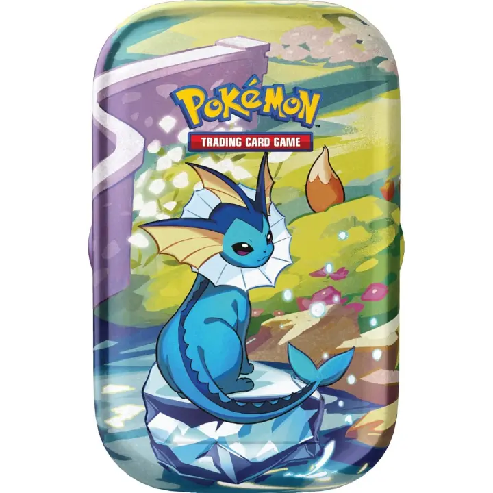 Evoluciones Prismáticas Mini Lata Cartas Coleccionables Pokémon, Escarlata y Púrpura, Vaporeon, Flareon, Sylveon, Umbreon, Glaceon, Jolteon, Espeon (2 Paquetes de Mejora y 1 Moneda) - 1