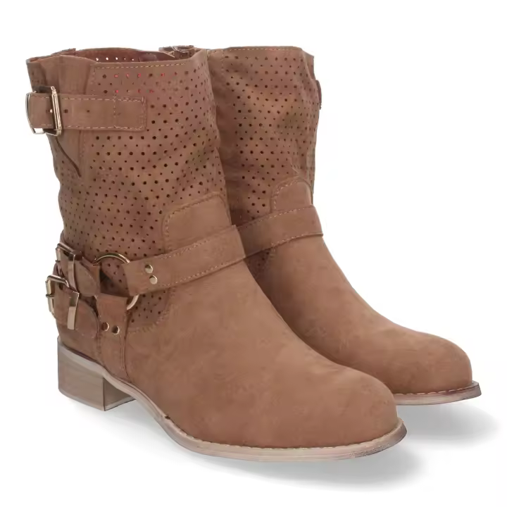 PuntoSalao Botines de tacón bajo calados estilo motero mujer color beige L1002 - 1