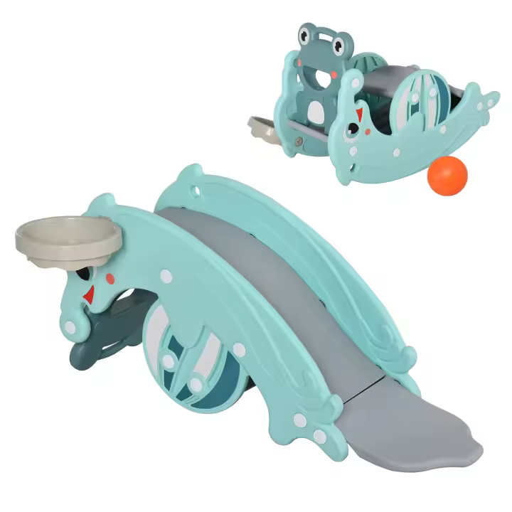 HOMCOM 3 en 1 Balancín Tobogán para Niños Aro de Baloncesto Set de Juegos Multifuncional con Superficies Suaves 18-36 Meses con Forma de Rana Delfín 72x34x47 cm Verde - 1