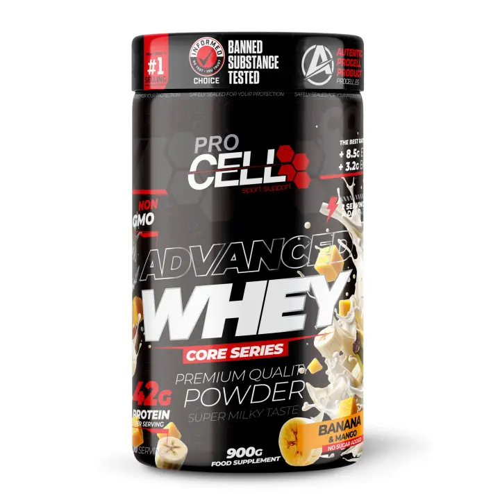 Proteína Concentrada Whey Core 900gr Banana-Mango Procell Sport - Suplemento Deportivo Alto en Proteína y Bajo en Carbohidratos - 1