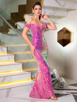 Vestido De Noche De Suelo Azul Con Lentejuelas Romagic Vestido De Boda De Hombros Descubiertos Exquisito Vestido De Fiesta Prom Para Mujeres Sin Mangas Silueta De Sirena - details 6