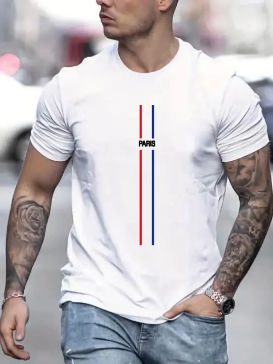 Camiseta De Algodón 100% Para Hombre Verano Ajuste Suelto Impresión PARIS Deporte Fitness Transpirable Stretch Camisa Oversized - 1