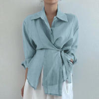 Camisa Casual Para Mujer Suelta Con Cinturón Y Cuello En V Vintage De Manga Larga Transpirable Para Oficina Y Uso Diario - details 19