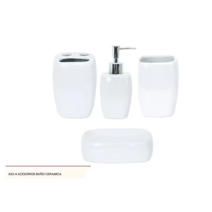 set 4 accesorios baño cerámica blanco,contiene vaso cepillo, vaso enjuague, dosificador jabon y jabonera - 1
