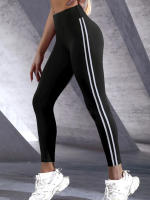 Leggings Deportivos De Ajuste Slim Para Mujer Con Rayas Lateral Alto Cintura Cómodos Para Fitness Y Uso Diario Talla Verdadera - details 0