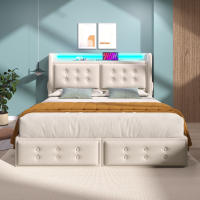 Cama tapizada 160x200, Cama Doble with Cabeza LED y Carga USB C Y 4, Cama de almacenamiento with base de listones de madera y estructura metálica, capacidad de carga 300 kg, algodón (colchón no incluido) - details 0