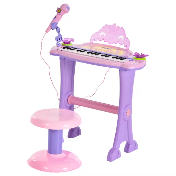 HOMCOM Teclado Electrónico Infantil 32 Teclas Juguete Musical con Micrófono Taburete Luces Variedad Sonidos Rítmos Melodias MP3 Karaoke Modo de Enseñanza Rosa - 1