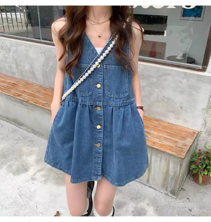 Vestido De Mujer Con Estampado De Vaquero Sin Mangas De Cintura Alta Estilo Casual Spaghetti Strap Denim V-Neck Mini - 1
