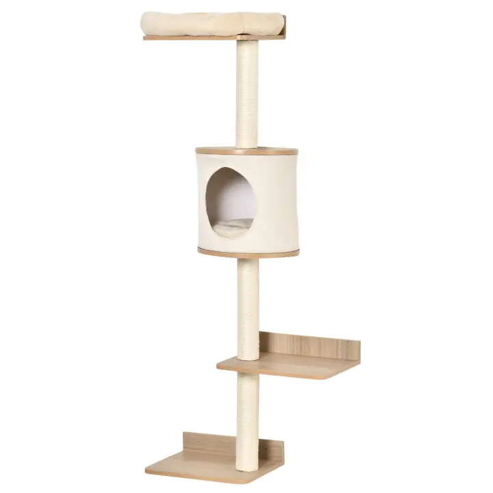PawHut Árbol para Gatos de Pared 38x30x149 cm con Múltiples Plataformas de Madera Cueva Cama Superior Cojín Extraíble Postes Rascadores de Sisal Torre para Escalar Beige y Roble - 1