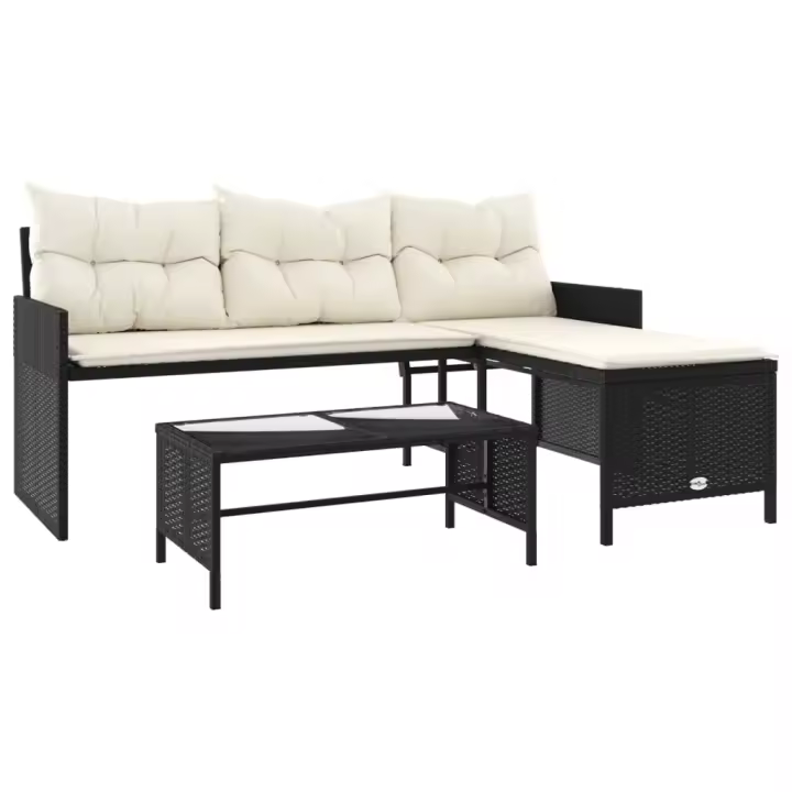 vidaXL Sofá de jardín en forma de L con mesa y cojines ratán PE negro - 1
