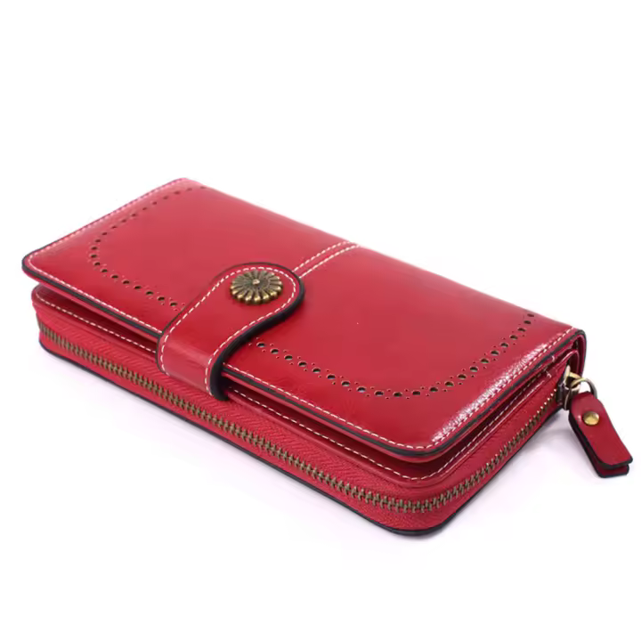 Cartera de piel sintética con cera de aceite, gran capacidad, delicado, cómodo al tacto, monedero para mujer con cordón, color rojo vino, talla única W - 1