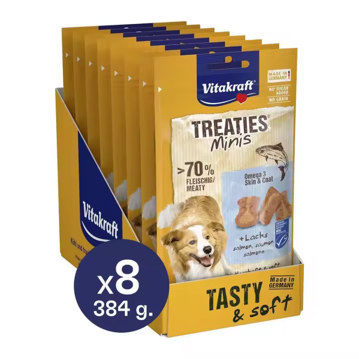 VITAKRAFT - Treaties Mini - Snack Semi-Húmedo Para Perros Sabor Paté / Salmón + Omega 3 Sin Azúcar (Pack 8x48g) - 1