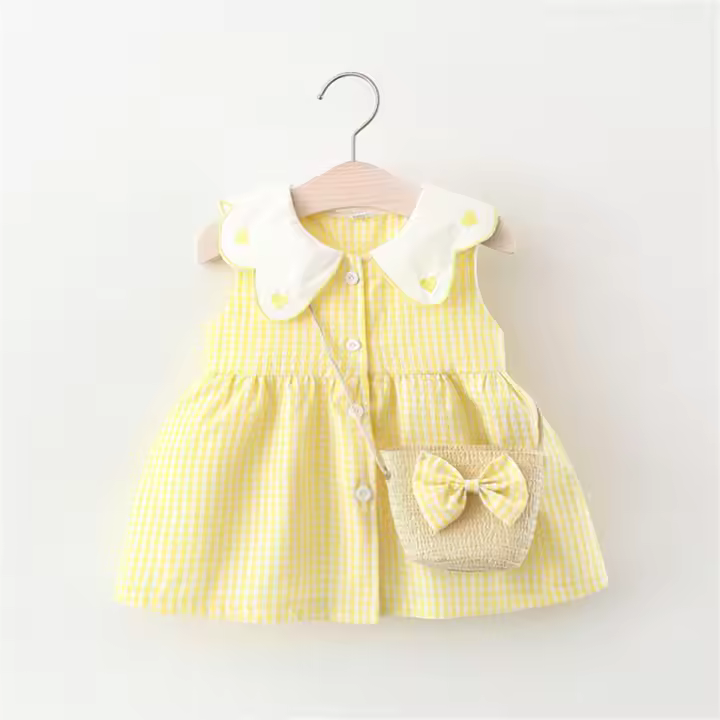 Vestido Y Mochila De Algodón Para Bebé Niña Verano Sin Mangas Bordado De Rayas Estilo Casual Longitud De Rodilla - 1