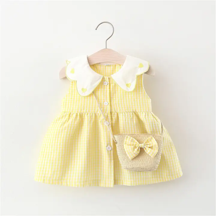 Vestido Y Mochila De Algodón Para Bebé Niña Verano Sin Mangas Bordado De Rayas Estilo Casual Longitud De Rodilla - 1