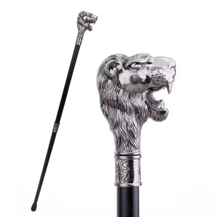 Bastón Elegante De 93cm Con Cabeza De León Plateada Y Bigote Decorativo Para Cosplay Y Moda De Hombre Manija De Acero Y Aluminio Con Suela De Goma - 1