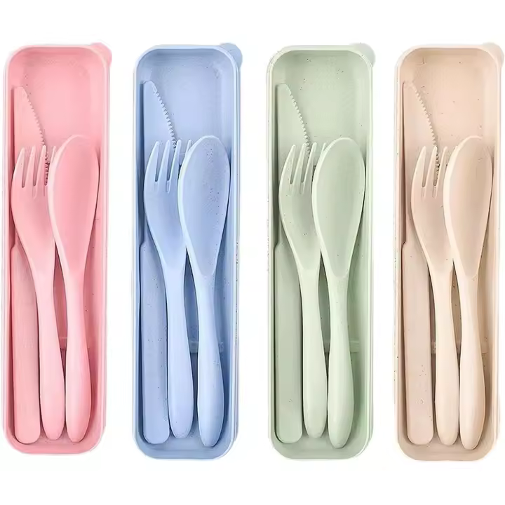 Juego de 4 cubiertos de viaje, utensilios portátiles para acampar con estuche, cuchara, tenedor y cuchillo reutilizables, vajilla para picnic, uso diario. - 1