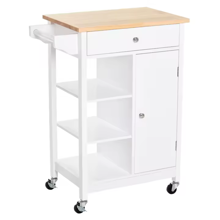 HOMCOM Carrito de Cocina Carro de Servicio Multifuncional con 1 Cajón 1 Armario 3 Estantes Abiertos para Almacenamiento 66x39,5x86,5 cm Blanco - 1