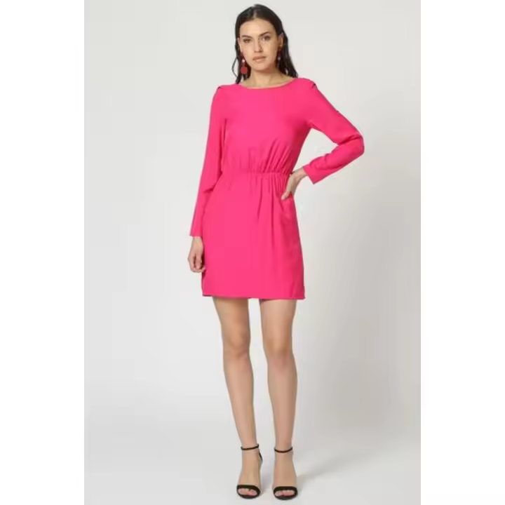 Vestido corto dress outfit modelo LA-190272 diseño liso fruncidos cintura manga larga cuello redondo cierre cremallera invisible rosa talla 38 cómodo elegante versátil ✅Entrega 24/48h - 1