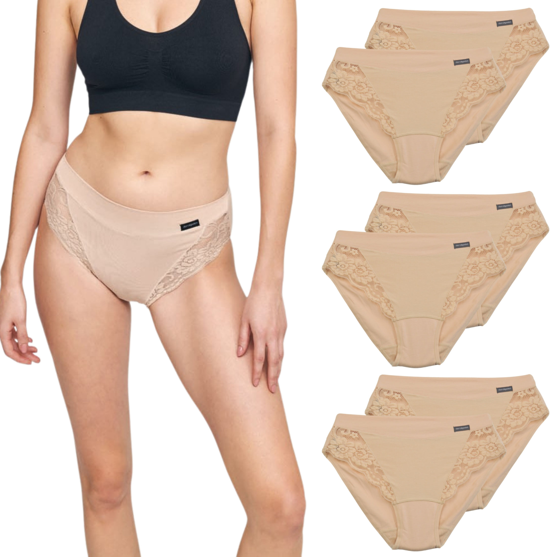 DON ALGODON | Pack de 6 Braguitas Bikini | en 1 o 3 Colores: Negro, Beige, Blanco | 93% Algodon | Encaje lateral Elegante y Cómodo