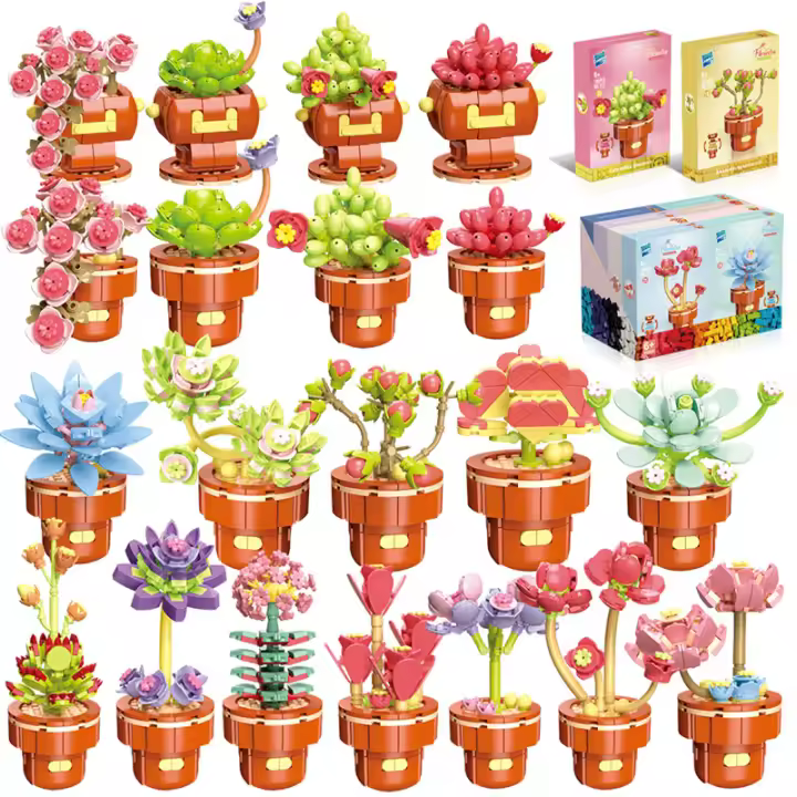 Bloques De Construcción De Suculentas En Maceta Adornos Para Edificios Modelos De Decoración De Hogar Juguete De Montaje Para Niños Regalo Bouquet De Flores - 1