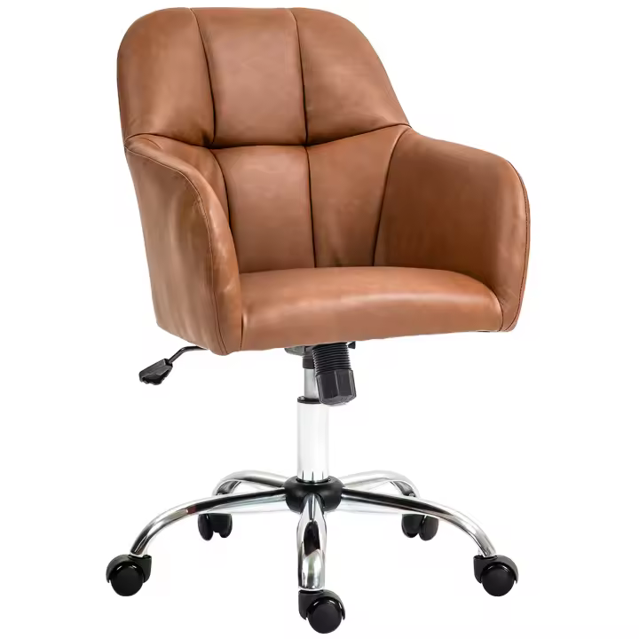 HOMCOM Silla de Oficina Silla de Escritorio Silla de Tocador con Ruedas, Altura Ajustable y Función de Balanceo, Silla Giratoria en Funda Sintética para Oficina Dormitorio o Sala de Estar, Marrón - 1