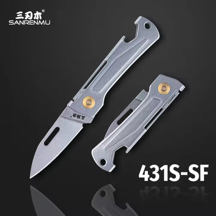 Cuchillo Plegable SANRENMU 431S Con Abertura De Botella Y Agujero Para Llavero Hoja De Acero Inoxidable 12C27 EDC Portátil Para Camping Y Uso Diario - 1