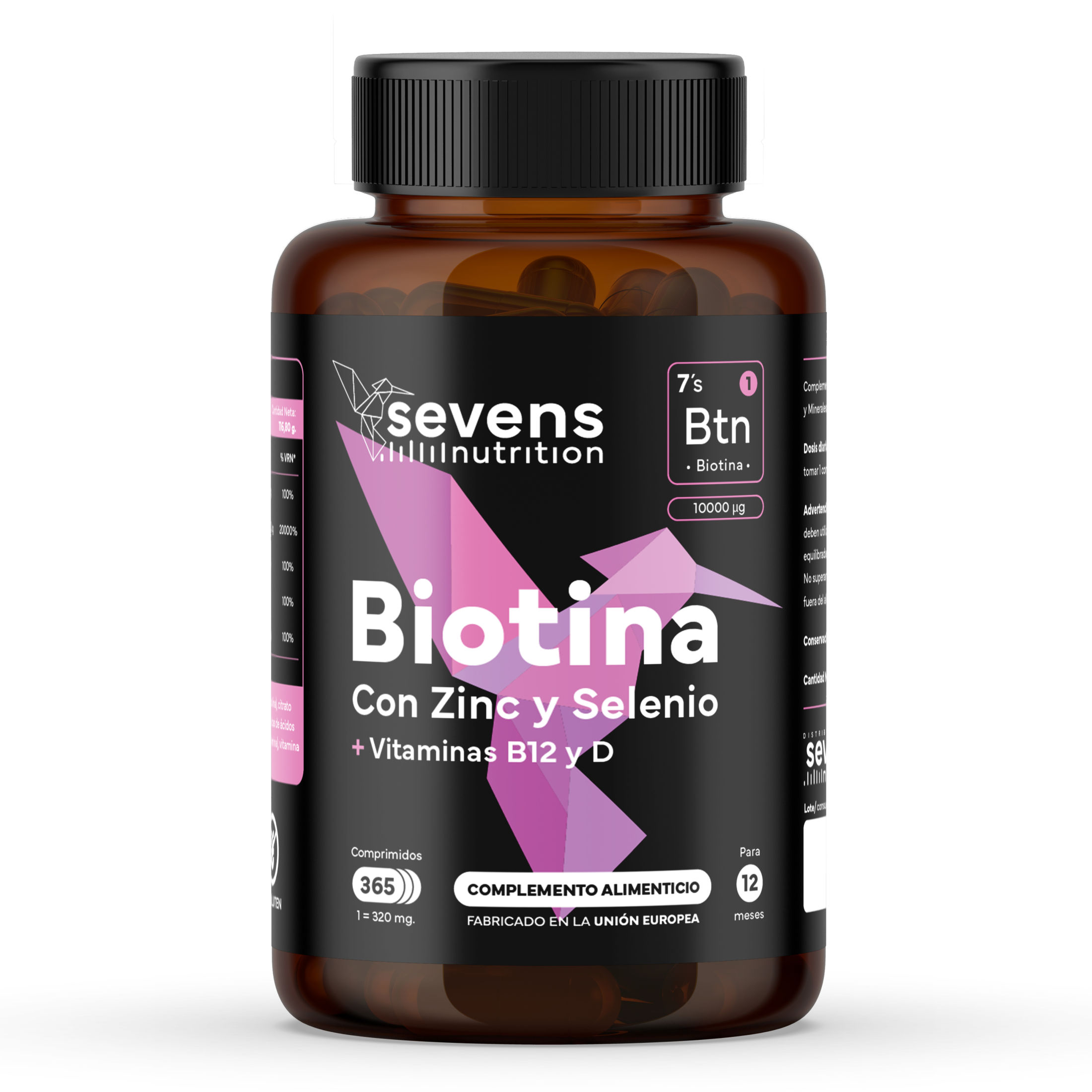 Biotina 10.000 mcg - Suministro por 1 Año - Vitaminas para Cabello, Piel y Uñas - 365 Comprimidos - Con Zinc, Selenio, Vitaminas B12 y D - SEVENS NUTRITION