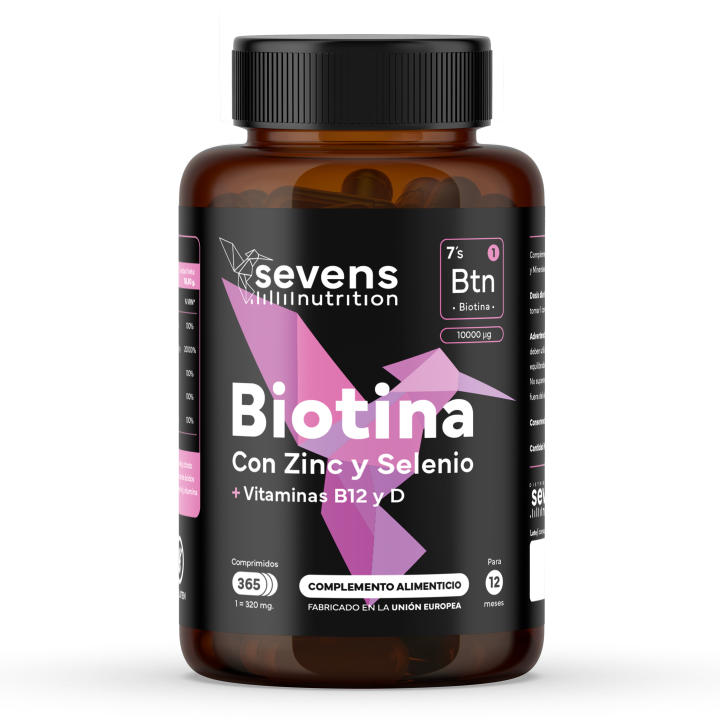 Biotina 10.000 mcg - Suministro por 1 Año - Vitaminas para Cabello, Piel y Uñas - 365 Comprimidos - Con Zinc, Selenio, Vitaminas B12 y D - SEVENS NUTRITION
