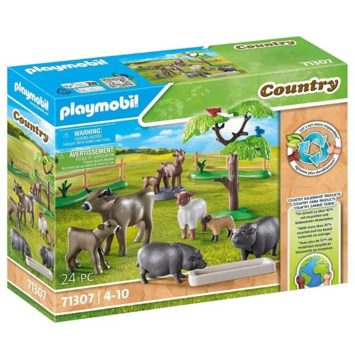 Playmobil (71307) set de animales, vaca, ternero, cabra, cabrito, oveja, cordero, cerdos panzudos, pajaros, Country - 1