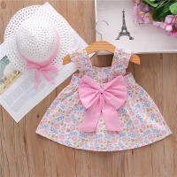 Conjunto De 2 Vestidos Y Sombreros Para Niñas Verano Estampado Floral Con Lazo Sleeves Volantes Con Suspensión Vestido De Polyester Para Bebés De 1-2 Años - details 5