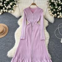 Vestido Largo Maxi Rosa Francés De Moda Con Volantes Y Cuello En V Para Mujer Abrigo De Invierno Estilo Oficina Lady - details 14