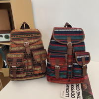 Nueva Mochila Grande Para Mujer 2024 Estilo Étnico Retro Con Cordón Y Estampado Casuístico Bolso De Tanque De Escuela Casual - details 1