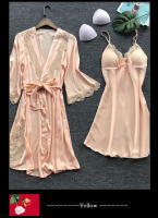 Conjunto De Pijamas Para Mujer Leepwear 2PCS Satinado Con Camisola De Encaje Y Bata De Noche V-Neck Longitud Pierna Completa Estilo Básico Para Novia - details 5