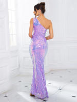 Vestido De Fiesta Largo De Encaje Con Un Hombro Sin Mangas Ajustado Para Mujer Color Azul Verde Rosa Lavanda Elegante Y Sexy - details 6