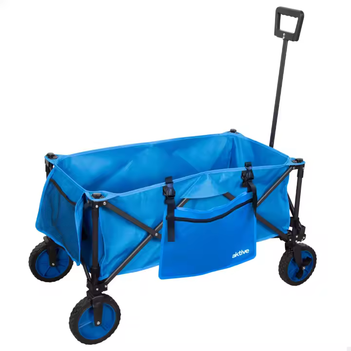 Aktive - Carro playa plegable, carrito de transporte, con ruedas giratorias 360º con frenos, mango multiángulo y 2 bolsillos (1 de quita y pon), máx. 80 kg de carga, espacioso y versátil, de acero y poliéster, diseño plegable, incluye funda - 1