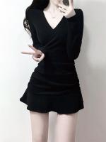 Vestido Mini Elegante De Mujer En Negro Con Cuello V Manga Larga Volantes Y Ajustado Estilo Y2k Para Otoño Ropa Moda - details 11
