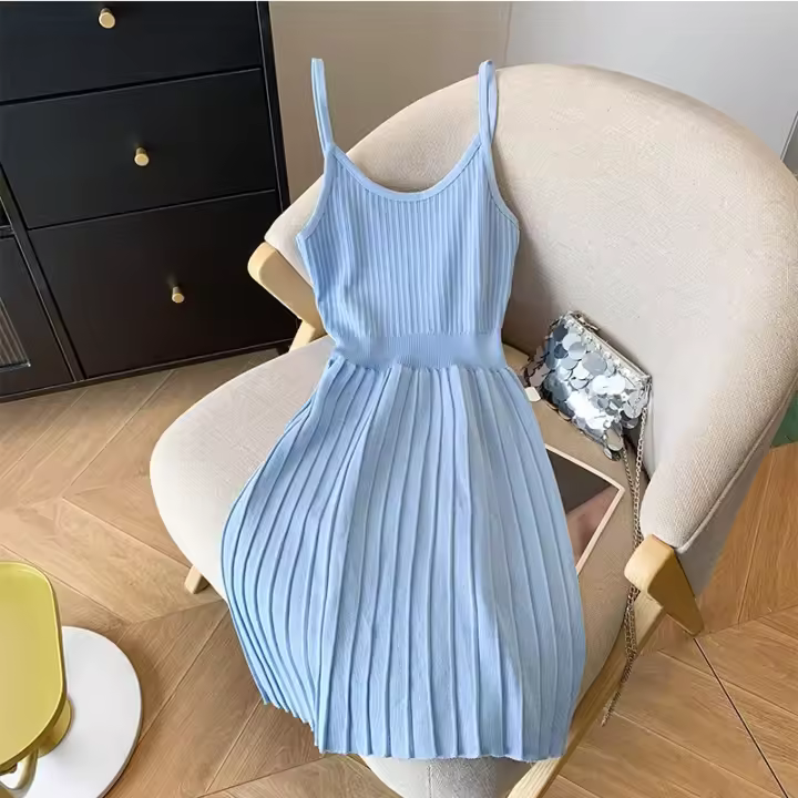 Vestido De Mujer YuooMuoo 2024 Estilo Coreano Moda Ajustado Cintura Plisado Tirantes Spaghetti Vestido Tejido Vintage Y2K Streetwear - 1