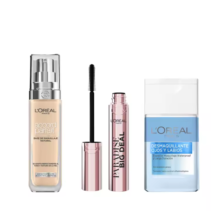L'Oréal Paris | Rutina Accord Parfait base de maquillaje con ácido hialurónico, SPF20. 30ML + Paradise Big Deal Máscara de Pestañas Volumen y longitud + Desmaquillante Ojos y Labios - Waterproof y Larga Duración 125ml - 1