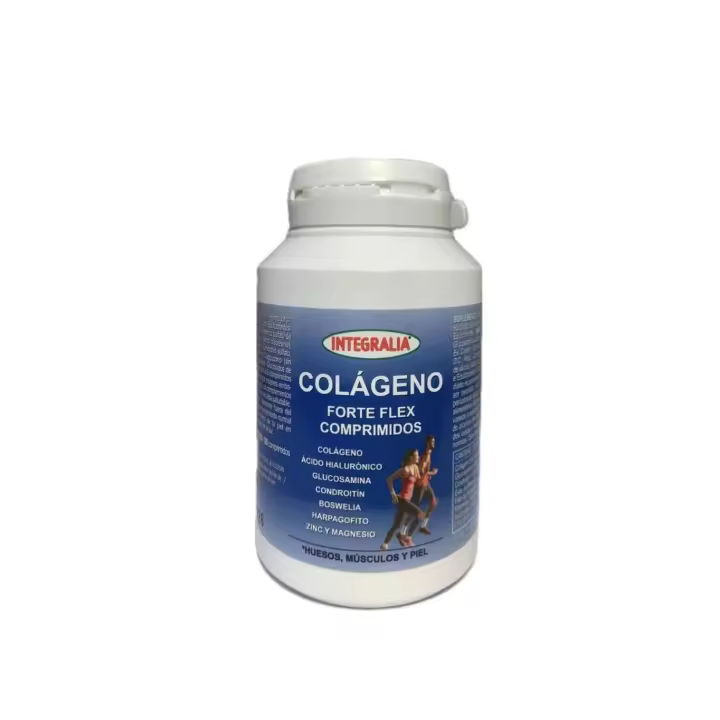 Colágeno forte flex  120 comprimidos. Integralia. Este complemento alimenticio contribuye al bienestar de los huesos y de las articulaciones, elaborado con colágeno hidrolizado, harpagofito, boswelia, glucosamina, condroitin, magnesio, zinc, - 1