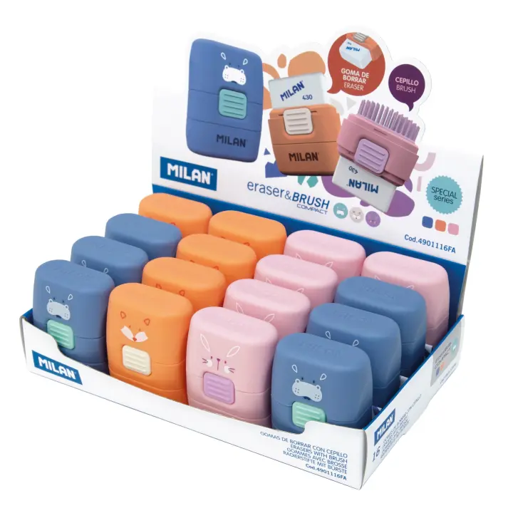 MILAN Fun Animals - Caja de 16 Gomas Nata 430 con Cepillo Eraser & Brush - 1