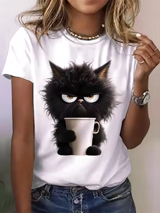 Camiseta De Mujer Con Estampado De Gato Estilo Casual Manga Corta Cuello Redondo Para Primavera Y Verano Ropa De Polyester - 1