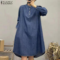 ZANZEA Vestido De Camisa Para Mujer Estilo Vintage Cuello En Pie Botones Manga Larga Casual Longa Suelta Mini Vestido Manga Larga Estilo Vintage Para Otoño Con Bolsillos - details 6