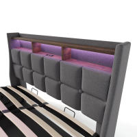 Cama tapizada con USB 140x200 cm, Cama Doble LED con somier de metal, somier Juvenil de Material de Lino (con colchón) - details 3