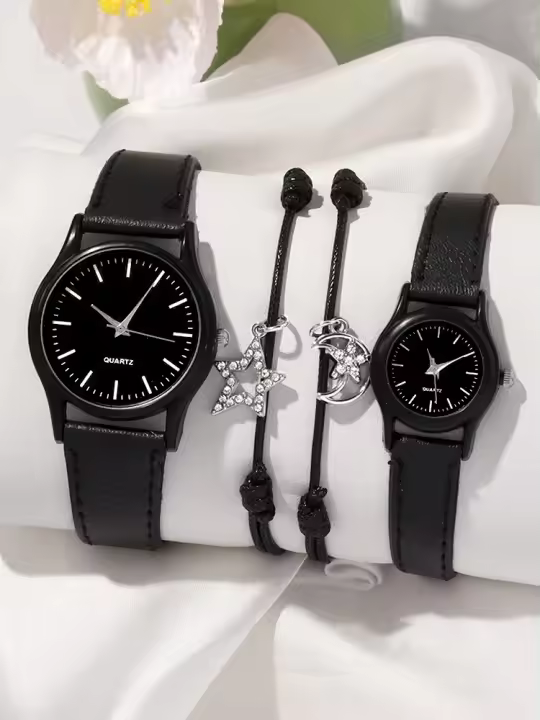 Reloj De Cuarzo Para Parejas 4pcs Estilo Académico Versátil Moda Casual Material De Correa De Cuero Y Caso De Aleación - 1