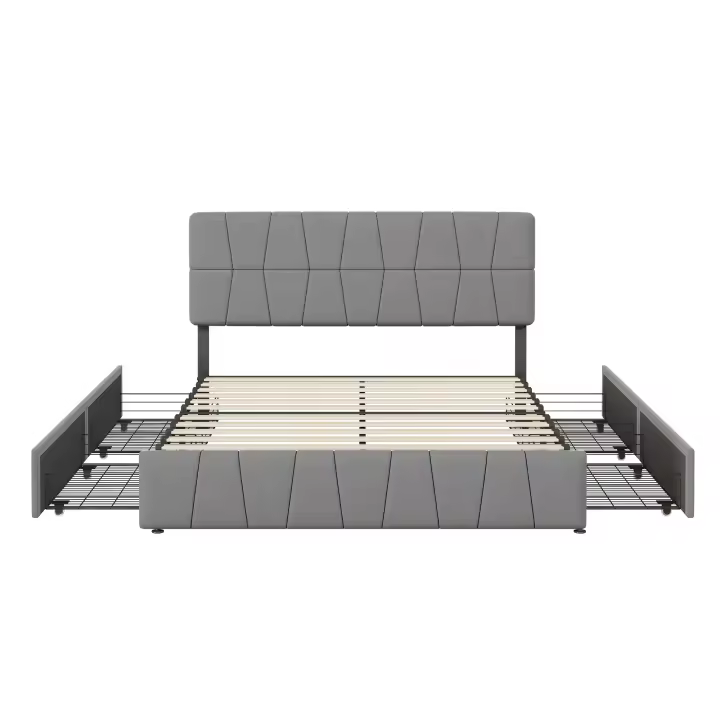 Cama de Matrimonio Tapizada 160x200 cm con Cabecero Acolchado Ajustable y 4 Cajones, Gris - 1