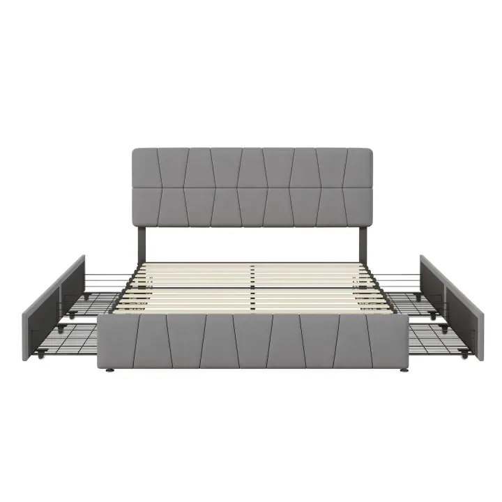 Cama de Matrimonio Tapizada 160x200 cm con Cabecero Acolchado Ajustable y 4 Cajones, Gris - 1